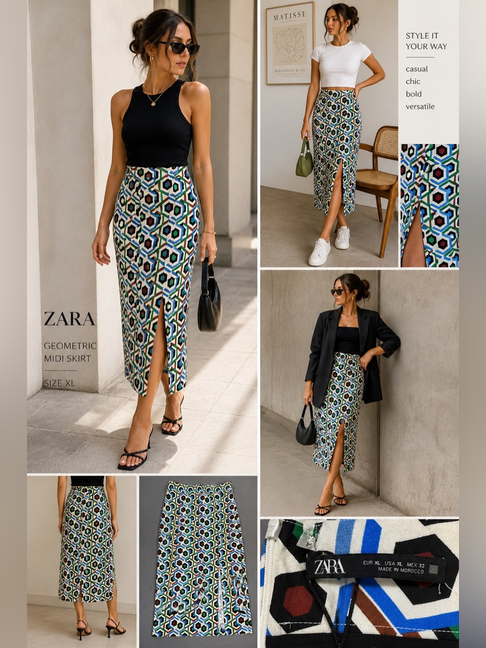 ZARA Geometric Midi Skirt - Blue, Green & Black Pattern